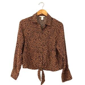 H&M Women's Button-Down Tie Front Collared Shirt Size 4 Leopard Print Brown Tan
